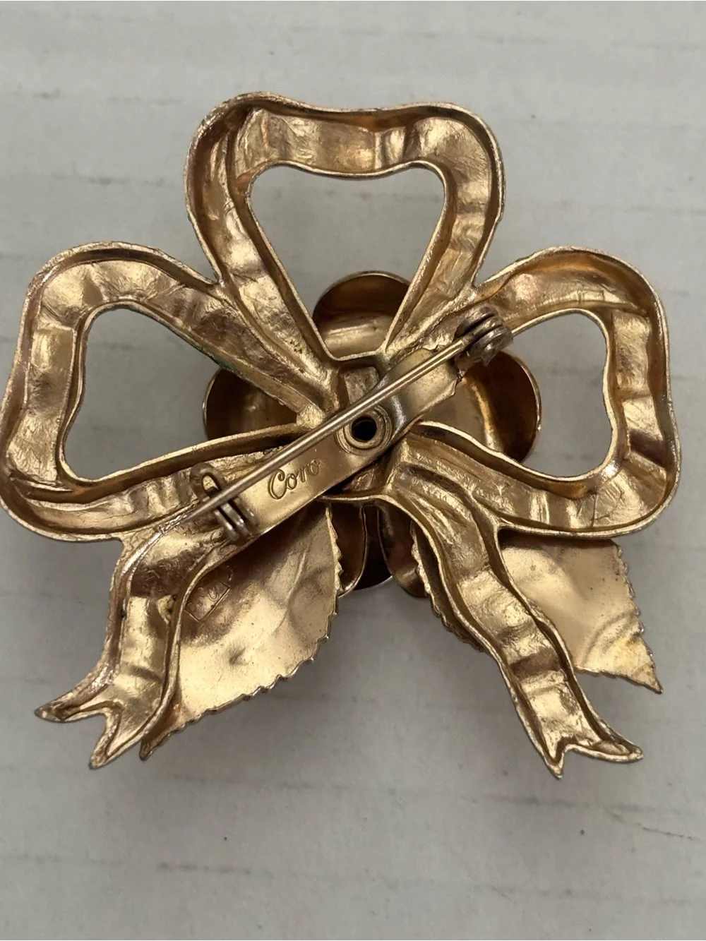 Coro 1940's Blue Rhinestone Flower Bow Brooch Vintage Layered Leaves